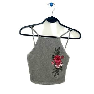 Urban Heritage Halter Mid Crop Top with Floral Detail | Colour: Grey